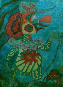 Clown Walking a Heart Dog, an early pastel work by Steve Smith.  