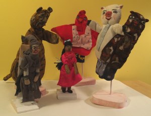Handcrafted puppets made and used in performances by Joann Kielar.