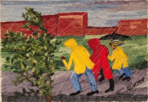 Outrunning the Rain, embroidery floss on cardboard, Dorothy Williams.