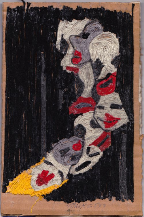 Masks, embroidery floss on cardboard, by the late Pittsburgh visionary artist Dorothy Williams.  