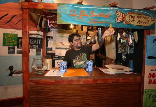 Sales counter at the installation.  Anglers visiting were offered free dough ball, a bait for carp in the nearby Allegheny River.  
