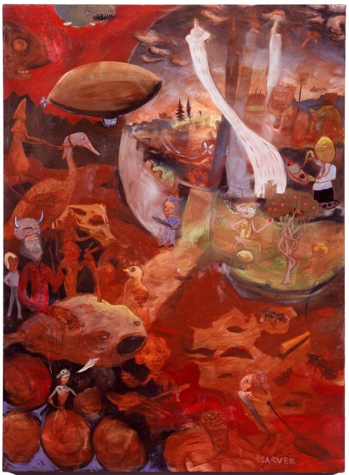 Zeppelin, oil on canvas, 50" x 70", 2004.  After the fall of civilization, the elite thrive in climate-controlled bubble domes, while others scavenge through wastelands.  