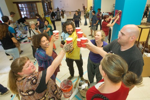 Team "Trebuchet" Led by Sam Turich, toasting the start of the competition.